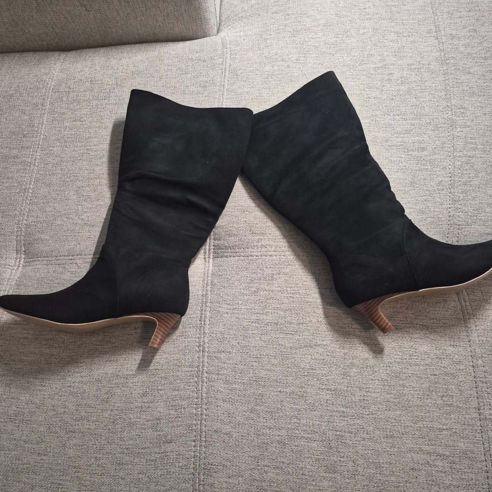 Womens Black Faux Suede Mid-Calf Slouch Boots Pointed Toe Kitten Heel Size 8